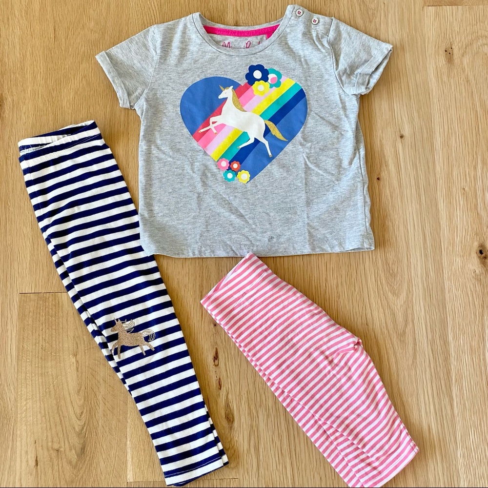 Mini Boden Heart Rainbow Unicorn Shirt w/ Striped leggings & Striped Capris🦄💕